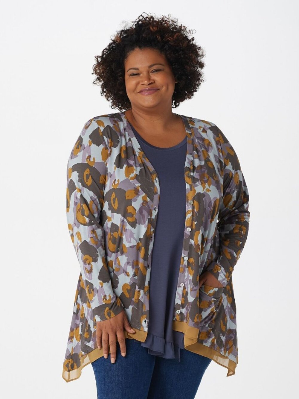 LOGO Lori Goldstein Printed Button Front Knit Cardigan Women's L Artsy Camo